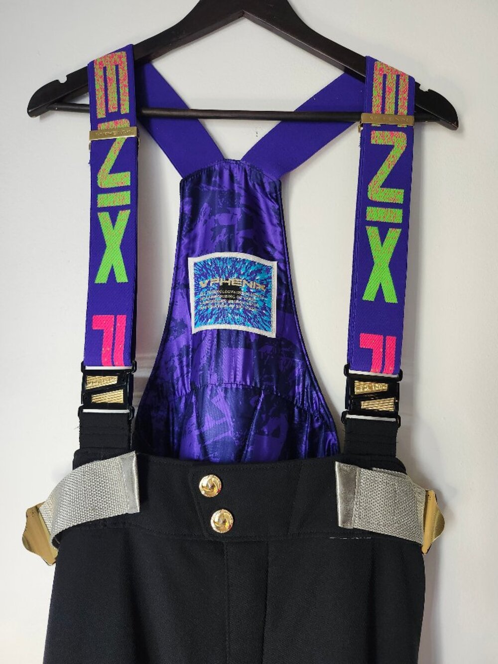 PHENIX JAPAN - Skijor 80s Black Purple Gold Winter Snow Pants Ski Suit Jumpsuit